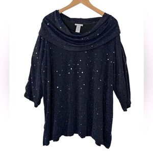 Catherines Metallic Sequin Drapey Cowl Neck Blouse Navy